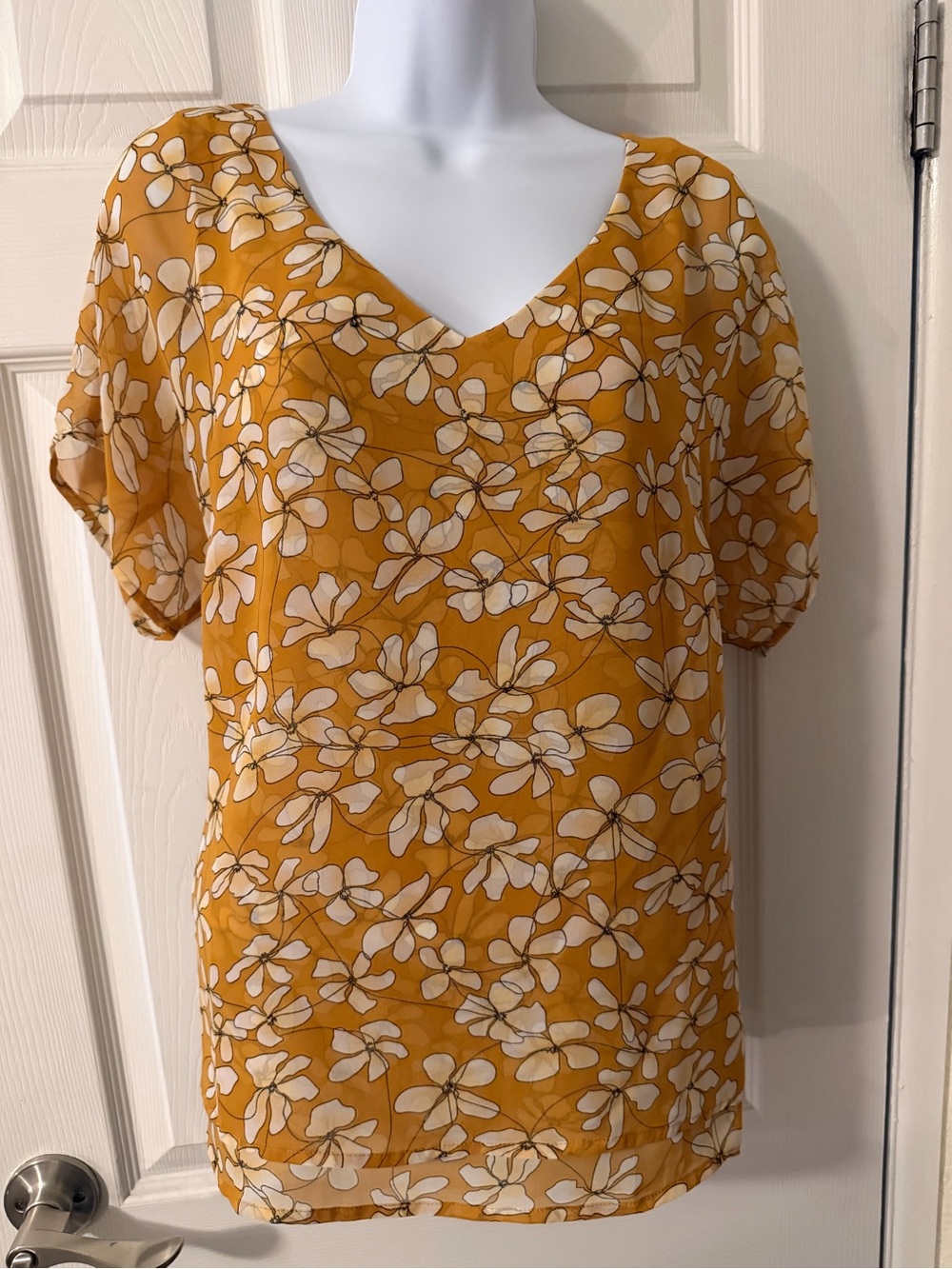 CAbi Mustard Floral V-Neck Blouse with White Flowers